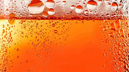 A close-up of a fruit soda with bubbles and droplets.