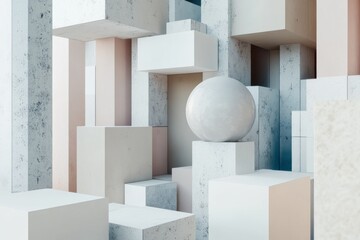 Poster - geometric shapes and cubes are layered to form an engaging arrangement in a modern space, combining 