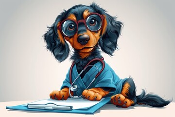 Wall Mural - Adorable young dachshund in medical attire signals stop with notepad, isolated on white