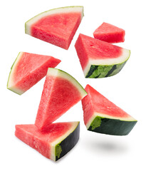 Wall Mural - Watermelon slices falling down isolated on white background. File contains clipping paths.