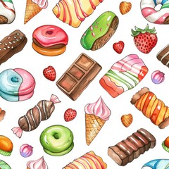 Watercolor Sweet Treats Seamless Pattern on White Background