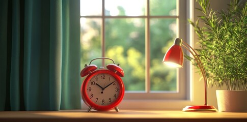 Red Alarm Clock on Windowsill