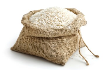 Poster - Whole Grain Basmati Rice in Burlap Bag on White Background