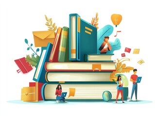 Fototapete - Stack of books with people around, learning and knowledge concept.