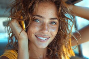 Wall Mural - Smiling young woman with curly brown hair making a call in a car, wearing yellow shirt