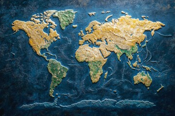 the artwork displays a detailed and textured world map, highlighting earth's physical features from 