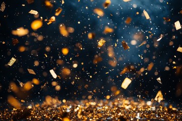Poster - Golden confetti bursts into the air, shimmering and contrasting beautifully against a deep dark backdrop, creating a mesmerizing display of celebration and joy