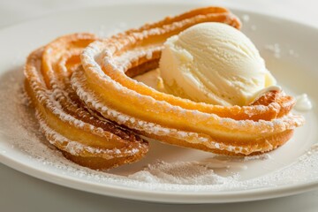 Fresh sugar churros.Churros.Traditional Mexican and Spanish dessert.Street food.A plate of churros served with a scoop of vanilla ice cream