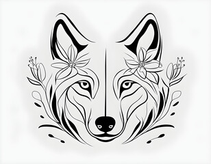 Wall Mural - Abstract wolf face with flowers by one line vector drawing. Portrait minimalistic style background