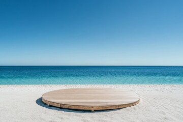 Wall Mural - A circular wooden platform sits atop smooth white sand, offering a relaxing spot to enjoy the tranquil blue ocean and clear sky at a beautiful beach