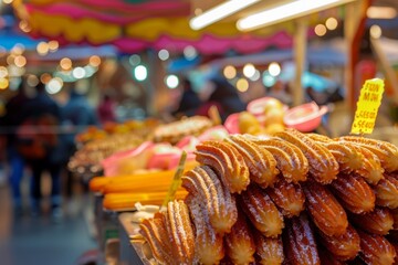 Churros.Traditional Mexican and Spanish dessert.Street food.Fresh sugar churros.A vibrant market stall selling churros, with the churros in the foreground and a blurred background 