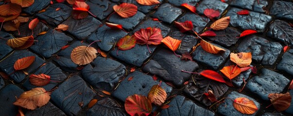 Autumn leaves on a cobblestone street