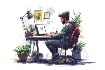 Man working at desk with laptop, plants and art supplies.