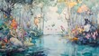 © Chaithat - Whimsical watercolor painting of a magical forest with vibrant flowers, serene water, and enchanting animals.