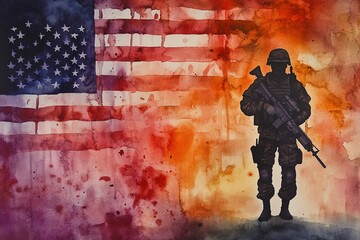 Patriotic Soldier Silhouette with American Flag Watercolor Painting