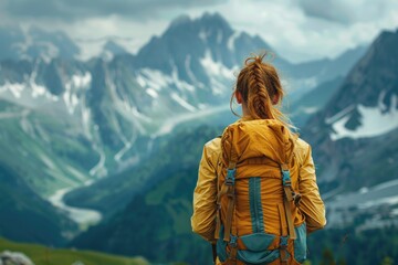 Wall Mural - Adventurous Woman: Backpacking Through Majestic Mountains, Embracing Nature's Beauty and Active Li