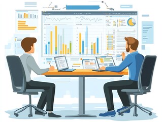 Aufkleber - Two Businessmen Analysing Data on Laptop and Charts.