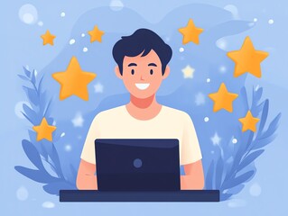 Aufkleber - Happy Man Working on Laptop with Stars Surrounding Him.