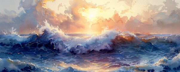 Wall Mural - Abstract ocean waves with sunlight reflections in watercolor.