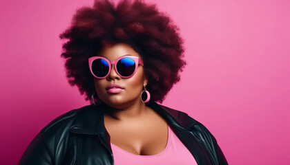 Beautiful African American woman with big round afro on pink background. 