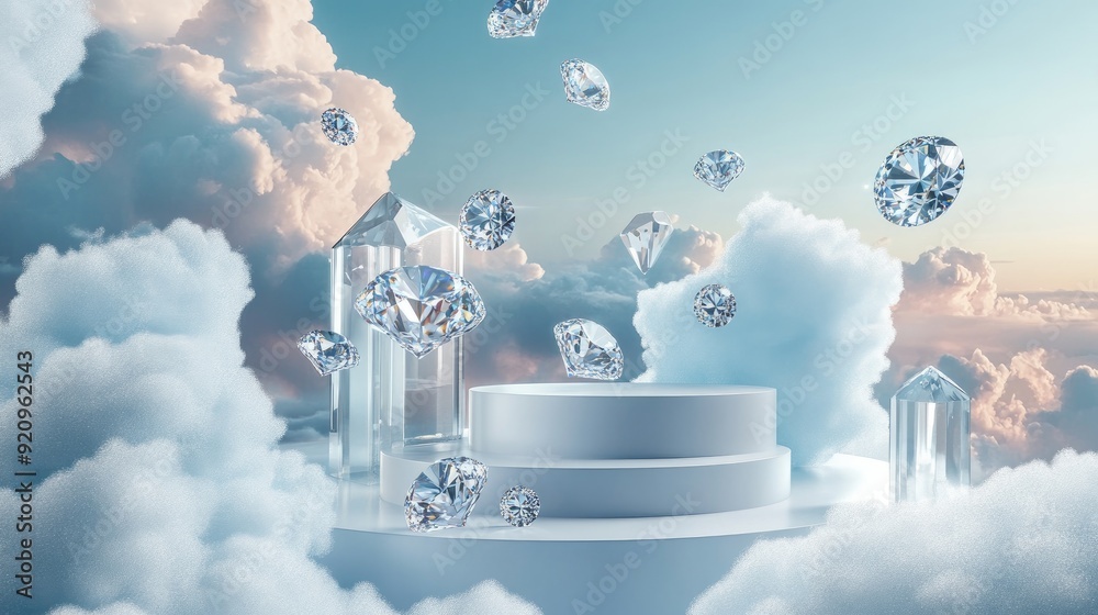 Glittering 3D diamonds fall from futuristic clouds onto a modern ...