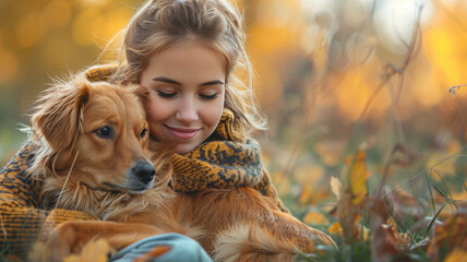 Wall Mural - A girl hugs a dog in the park playing and having fun.