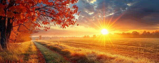 Wall Mural - Sun setting over an autumn field