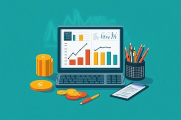 Aufkleber - Financial Growth on Laptop, Pen, and Coins.