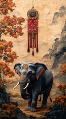 auspicious elephant in classic landscape: an elephant depicted in a traditional landscape setting, s