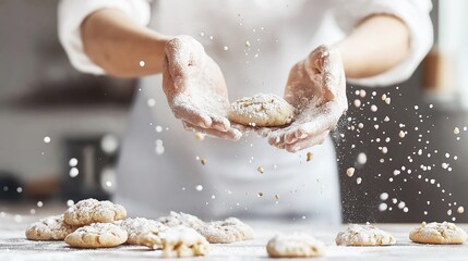 Close-up of female baker s hands sprinkling powdered sugar over homemade cookies on table in commercial kitchen for small business bakery concept