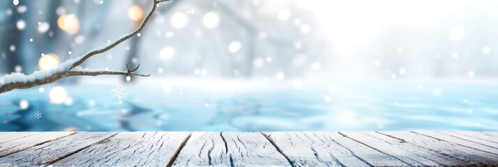 Serene winter scene with snow-covered branch and wooden deck overlooking a frozen lake, bokeh lights creating a peaceful atmosphere.