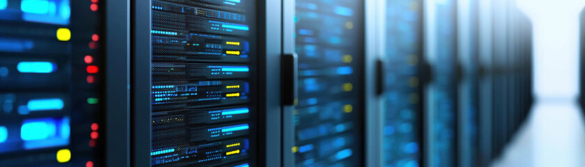 Poster - Modern data center with rows of server racks illuminated by blue lights, representing advanced technology and high-speed data processing.