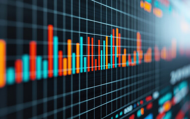 Poster - Colorful financial data chart with bars on a dark background, showcasing business statistics, growth, analysis, and performance metrics.