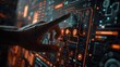 © Dao - Closeup of hand touching futuristic screen with digital data and technology icons, background is dark grey, orange light from right side.