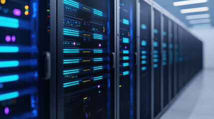 Poster - A futuristic data center with rows of illuminated server racks, showcasing advanced technology and efficient data management solutions.