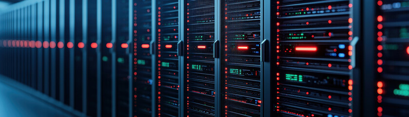 Poster - Modern data center with rows of servers and LED lights, showcasing advanced technology and digital infrastructure.