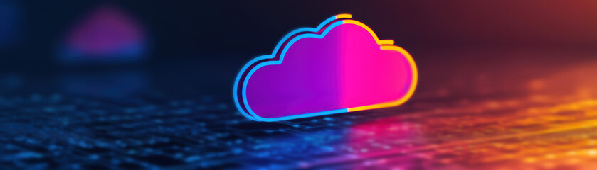 Poster - Colorful cloud icon on a glowing digital background, representing modern cloud computing technology and online data storage solutions.