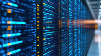 Poster - A blurred perspective shot of a data center server room with glowing blue lights, showcasing modern technology infrastructure and data storage.