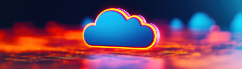 Poster - Digital representation of a cloud with glowing edges on a colorful background, highlighting concepts of technology, internet, data storage, and connectivity.