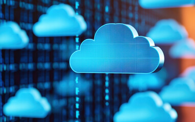Poster - digital representation of cloud computing with blue cloud icons on a dark background, symbolizing te