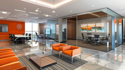 Poster - an open concept office interior design layout with collaborative zones, comfortable lounge areas, and flexible meeting spaces. glass partitions 