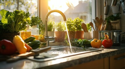 Kitchen Sink with Running Water and Fresh Produce