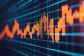 Poster - Closeup of stock market graph with orange and blue lines showing financial market trends, perfect for financial reports and presentations.