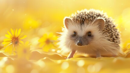 Cute hedgehog on a soft yellow background 32k, full ultra HD, high resolution