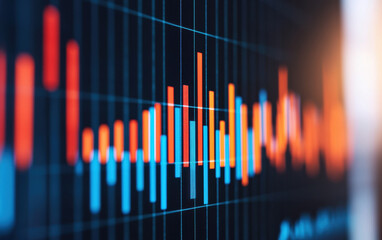 Poster - Close-up view of a digital graph with colorful bars on a screen, representing business data analysis and financial trends.
