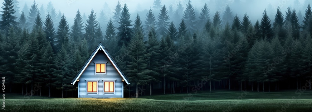 Cozy cabin with illuminated windows in a misty forest surrounded by ...