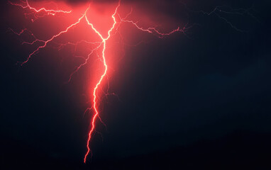 Vivid red lightning bolt piercing the dark night sky during a powerful storm, creating a dramatic and electrifying scene full of natural energy.