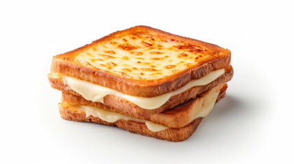 A savory French croque monsieur sandwich, filled with creamy bechamel sauce and melted cheese, served with golden, toasted bread, on a white background.