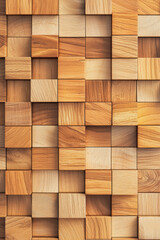 Poster - Close-up of wooden cubes arranged in a geometric pattern, showcasing natural wood textures and warm tones, perfect for backgrounds or design projects.