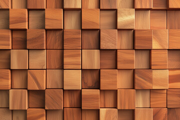 Poster - Close-up of an abstract wooden geometric pattern with square wooden blocks creating a detailed and textured  background design.